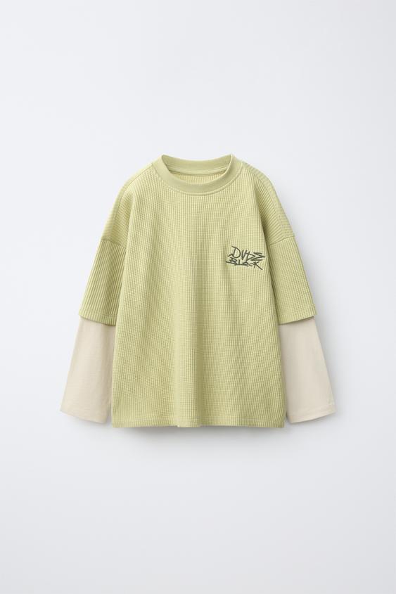 DOUBLE SLEEVE WAFFLE-KNIT T-SHIRT - washed green by Zara - Image 0