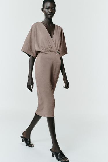 VESTIDO MIDI DE PIQUÊ COM CINTO - Marrom-claro da Zara