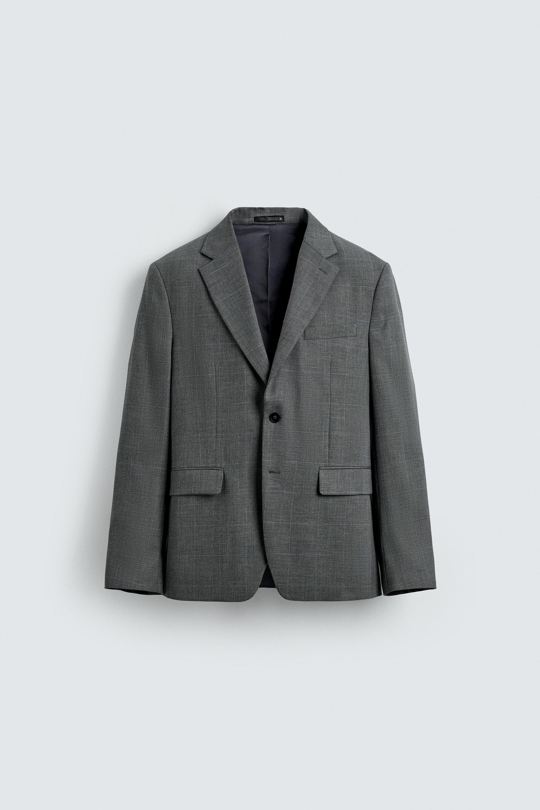 Wool Check Jacket Mens Zara CHECK SUIT BLAZER Grey Marl ZARA