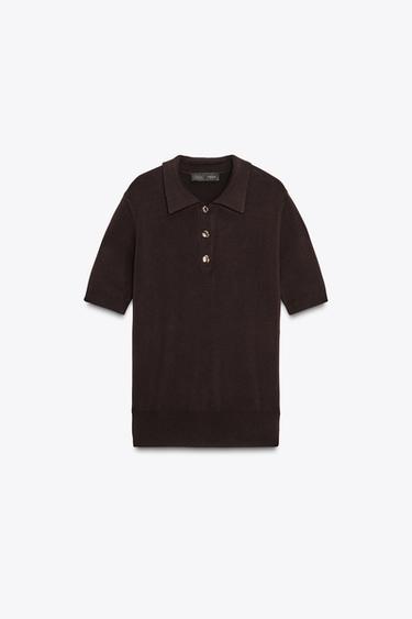 SHORT SLEEVE KNITTED POLO TOP - Chocolate by Zara - Image 5