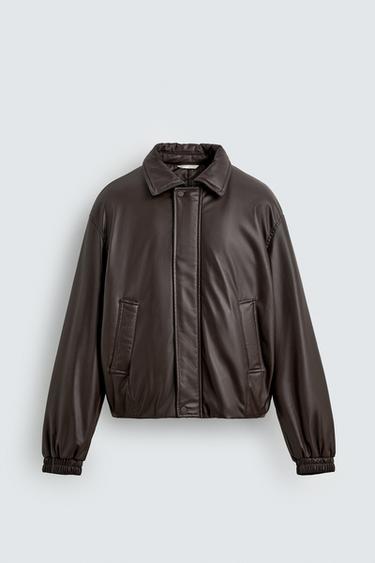 Zara RELAXED FIT FAUX LEATHER JACKET - Dark brown