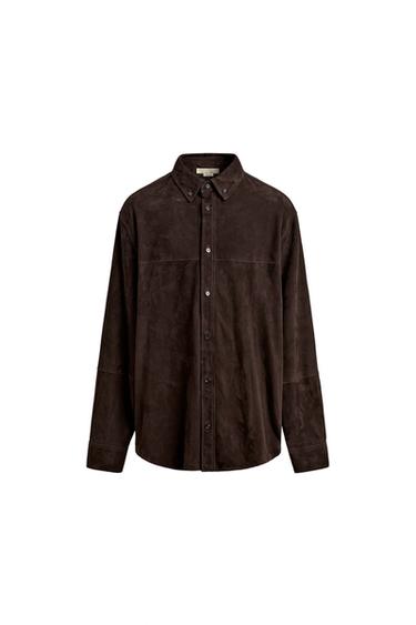 Zara LIMITED EDITION SUEDE LEATHER SHIRT - Chocolate