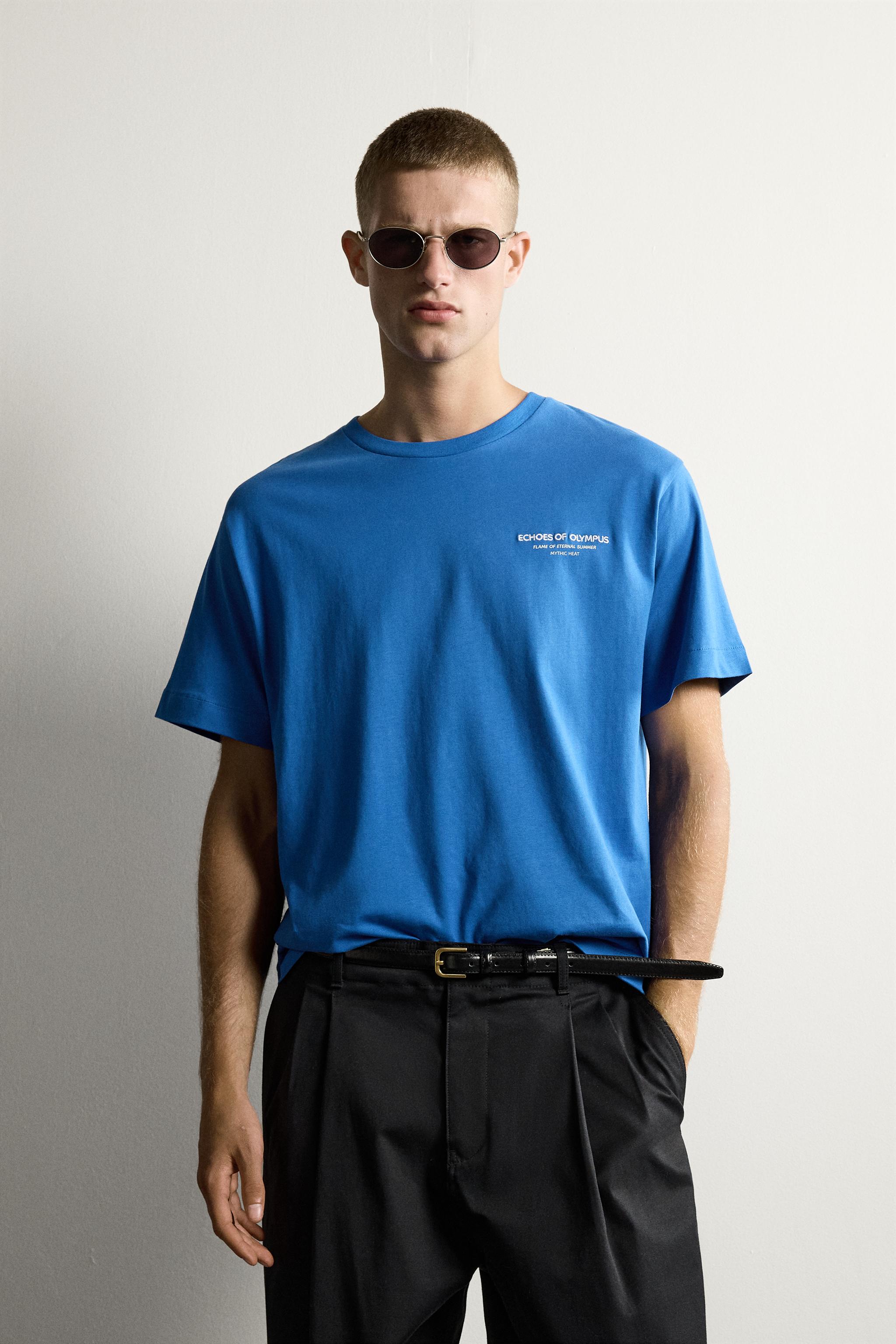 RELAXED FIT COMBINED EMBROIDERED T-SHIRT — Blue