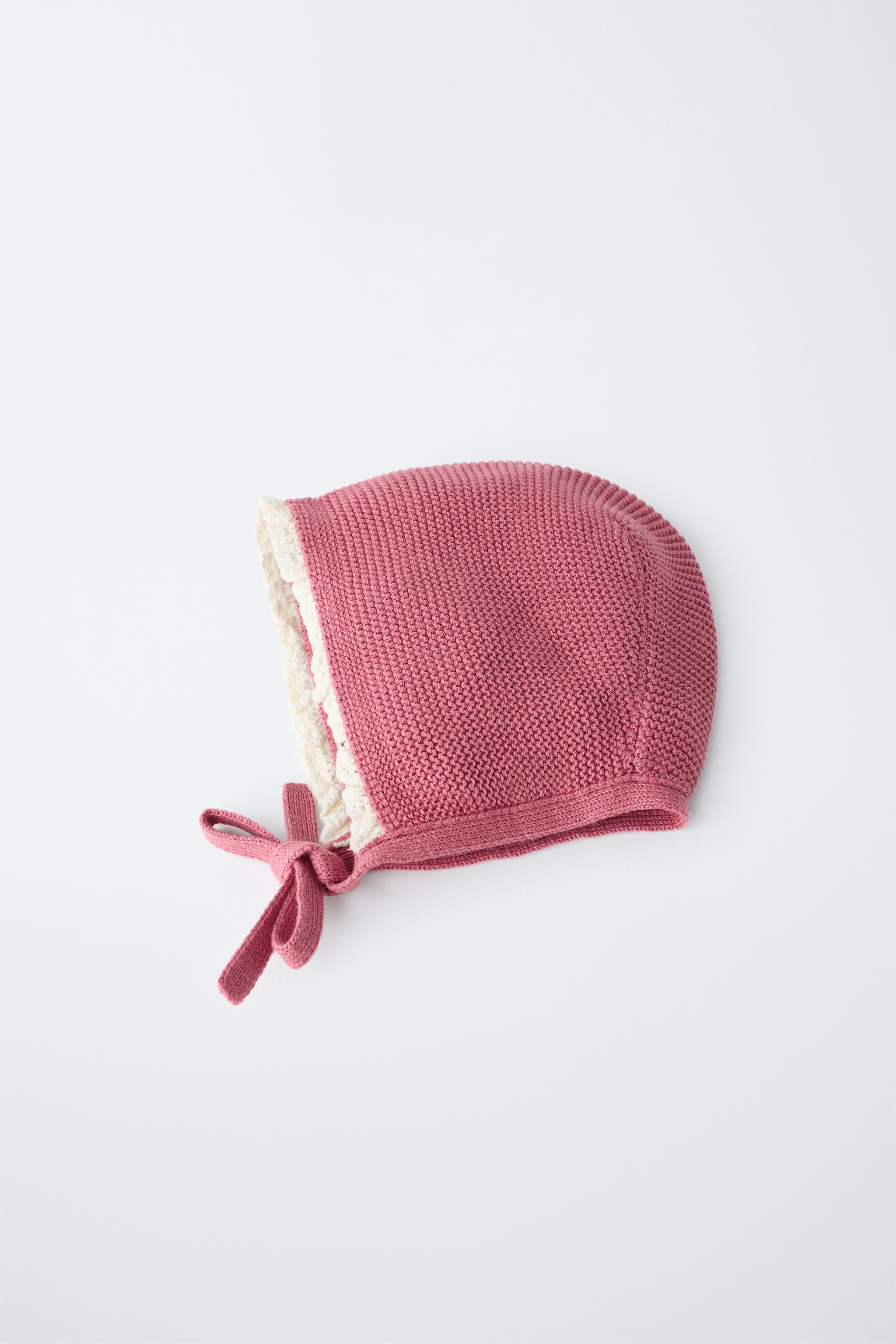 CONTRAST LACE KNIT BONNET — Pink