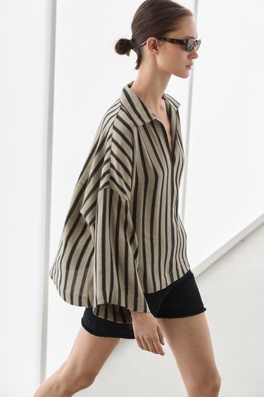 Zara Oversize striped linen blend blouse - Sand