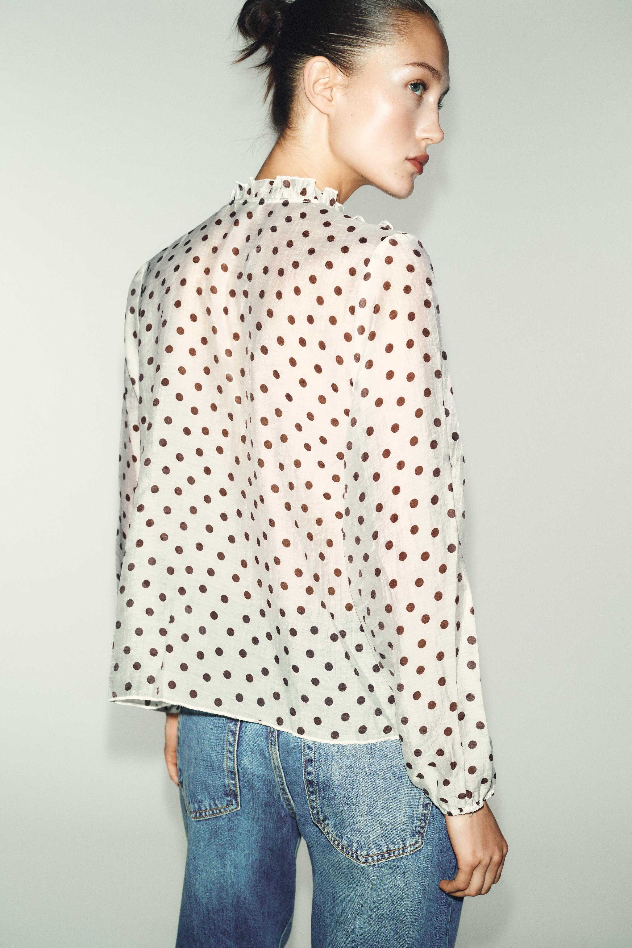 フリル付きドットプリントブラウス - エクリュ/ブラウン | ZARA Japan