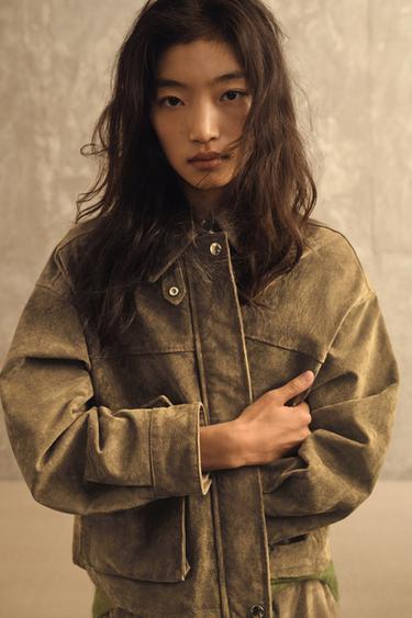 Zara 100% 真皮飛行員外套 - 卡其色