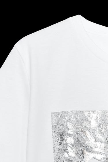 Zara METALLIC PRINT T-SHIRT - Silver