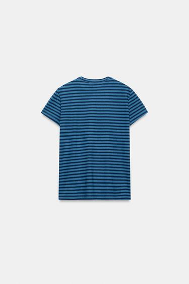 STRIPED COTTON AND LINEN T-SHIRT - Blue / Indigo by Zara - Image 6