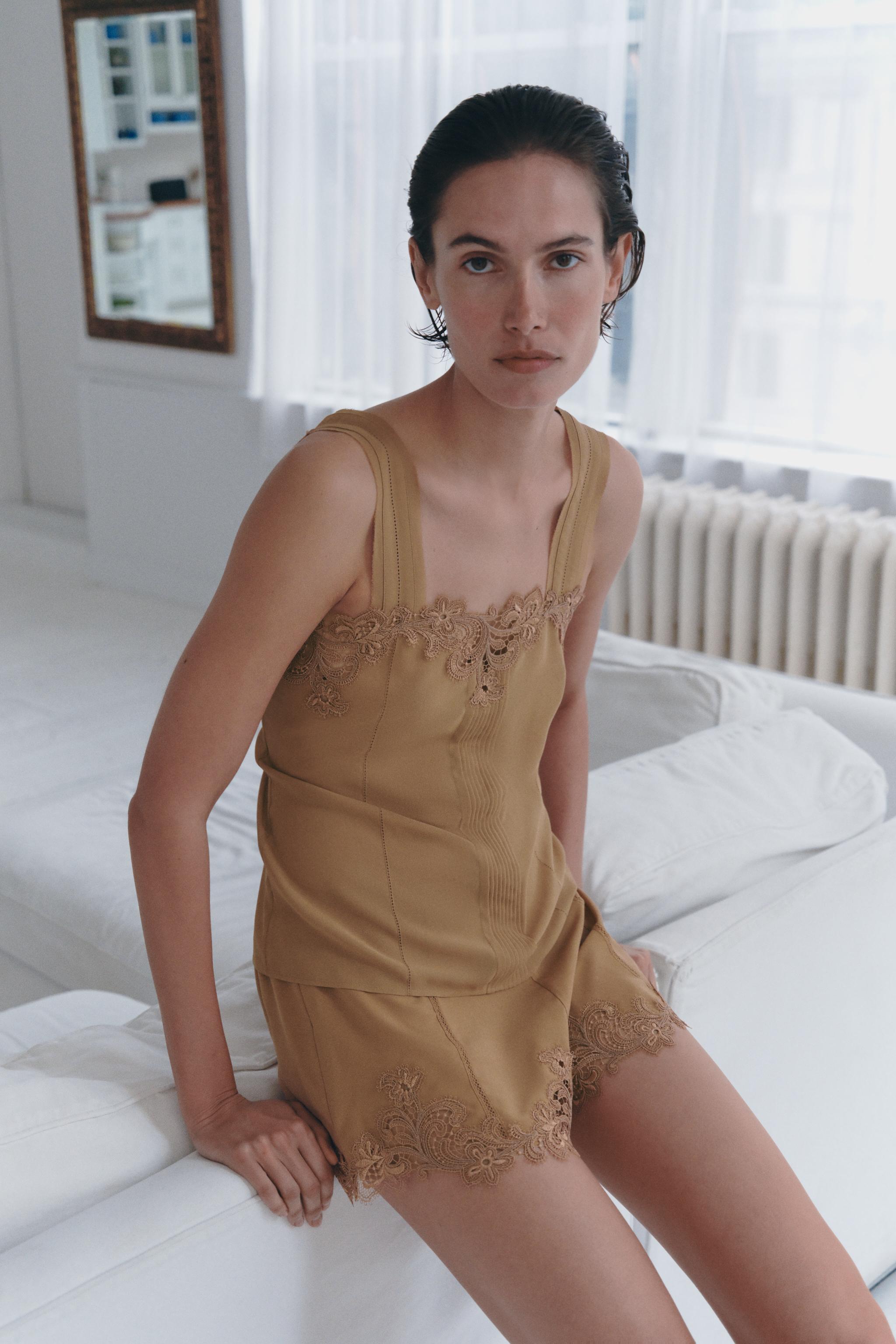 GEORGETTE LACE TOP - Light brown | ZARA United States