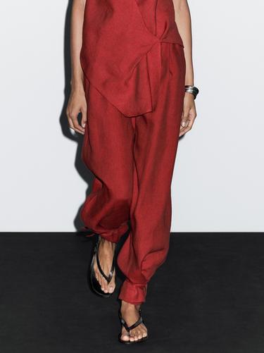 Zara 100% linen trousers with bow detail - Dark red