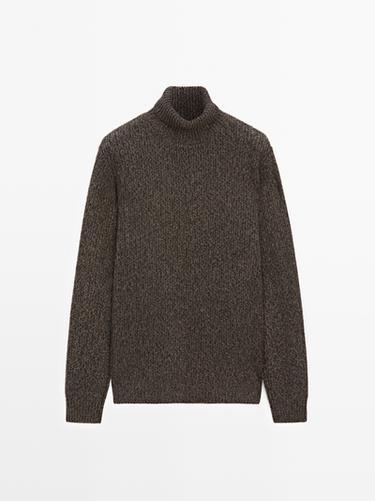 Zara 100% wool mouliné knit sweater with high neck - Brown marl