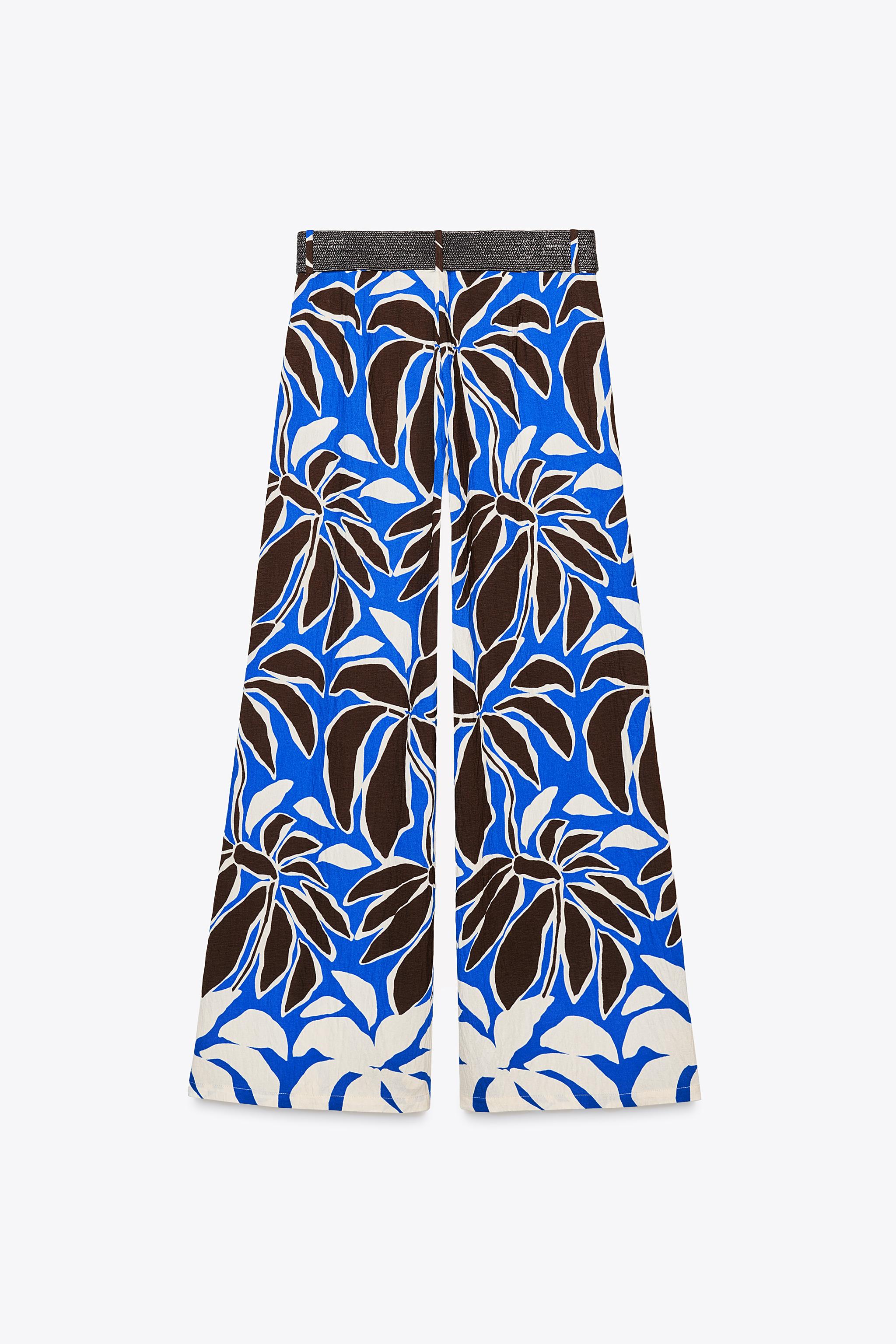 WIDEトラウザー WITH FLORAL PRINT FLORAL PRINT WIDE LEG PANTS - Ecru / Blue | ZARA United States