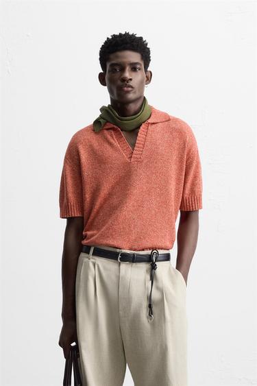 Zara CONTRAST KNIT POLO SHIRT - Red