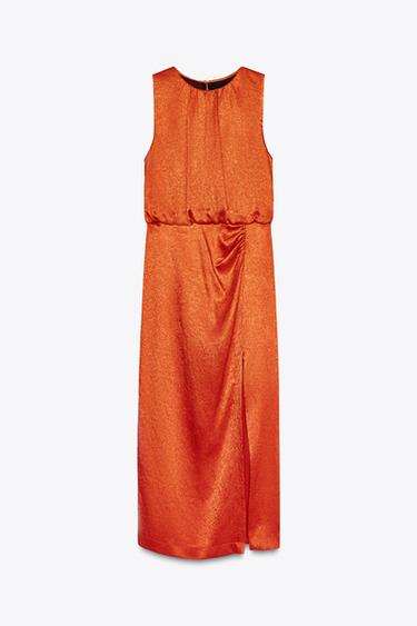VESTIDO MIDI SATINADO FRUNCES - Naranjas de Zara