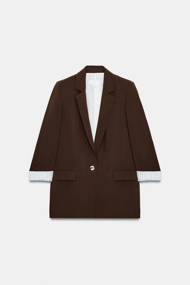 BLAZER بأكمام مطوية وأساور مطبوعة - بني الخاص بـ Zara