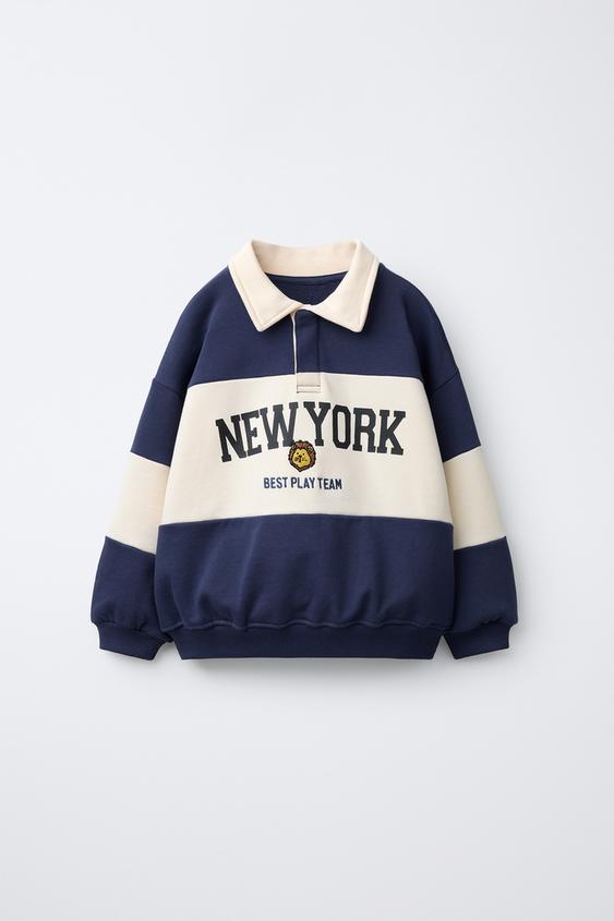 EMBROIDERED ANIMAL STRIPED POLO SWEATSHIRT - Ecru / Blue by Zara - Image 0