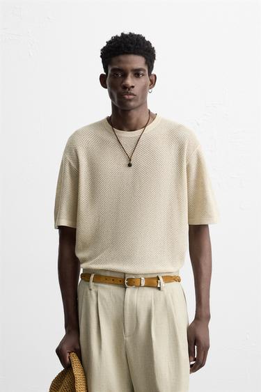 Zara TEXTURED KNIT T-SHIRT - Ecru