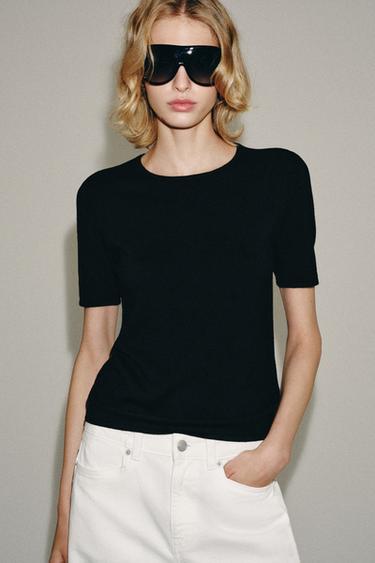 Zara SHORT SLEEVE KNIT TOP - Black