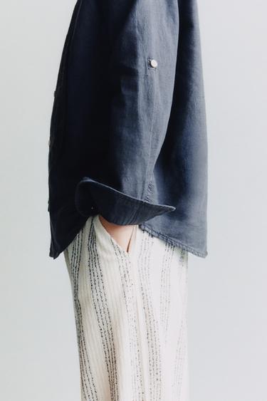 Zara 亞麻棉質立領襯衫 - 海藍色