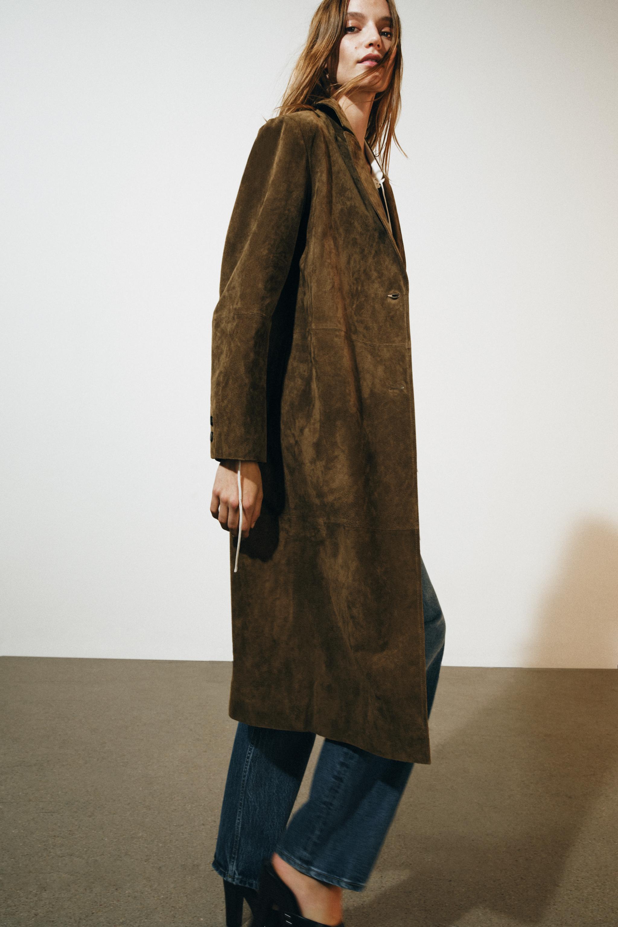 ZW COLLECTION 100%レザー ロングコート - オリーブグリーン | ZARA