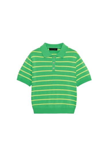 Front view of a green, striped polo shirt with a collar, short sleeves, and front buttons.