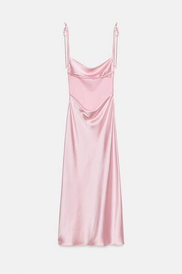 ROBE MI-LONGUE SATINÉE À BRETELLES ET NŒUDS - Rose de Zara - Image 4