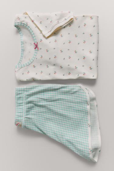 Zara 6-14 YEARS/ GINGHAM AND FLORAL T-SHIRT AND BERMUDA PAJAMAS - Ecru