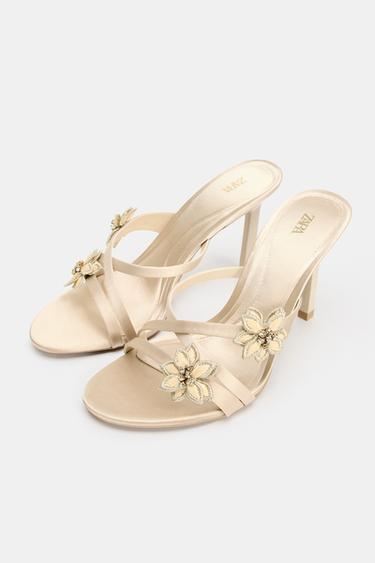 HEELED SANDALS WITH SHINY FLOWERS - Ecru by Zara - Image 1