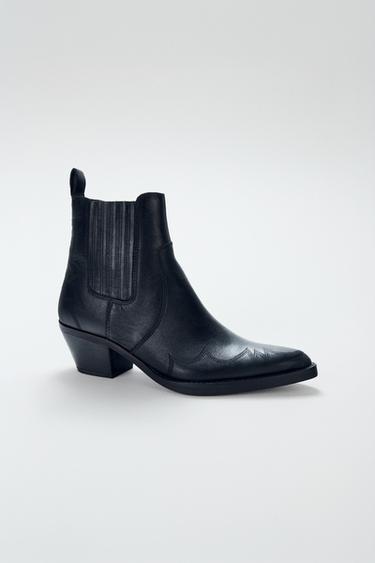 LEATHER COWBOY ANKLE BOOTS WITH TOPSTITCHING - Black by Zara