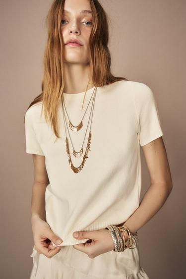 TOP PUNTO LISO MANGA CORTA - Marfil de Zara