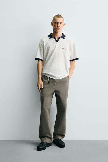 EMBROIDERED VERTICAL JACQUARD POLO SHIRT - Ecru / Blue | ZARA Singapore