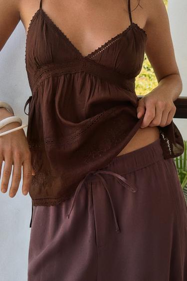 EMBROIDERED CHIFFON STRAPPY TOP - Brown by Zara - Image 0