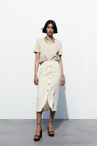 JUPE MI-LONGUE BOUTONS DORÉS - Blanc cassé de Zara - Image 0