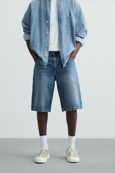 Zara BAGGY FIT DENIM SHORTS - Mid-blue