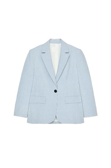 Front view of a blue and white striped blazer with one button and front pockets.