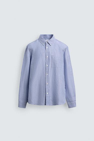 Zara REGULAR FIT LINEN - COTTON SHIRT - White / Sky blue