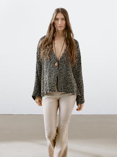 Pantalón flare fit cintura contraste - Beige de Zara