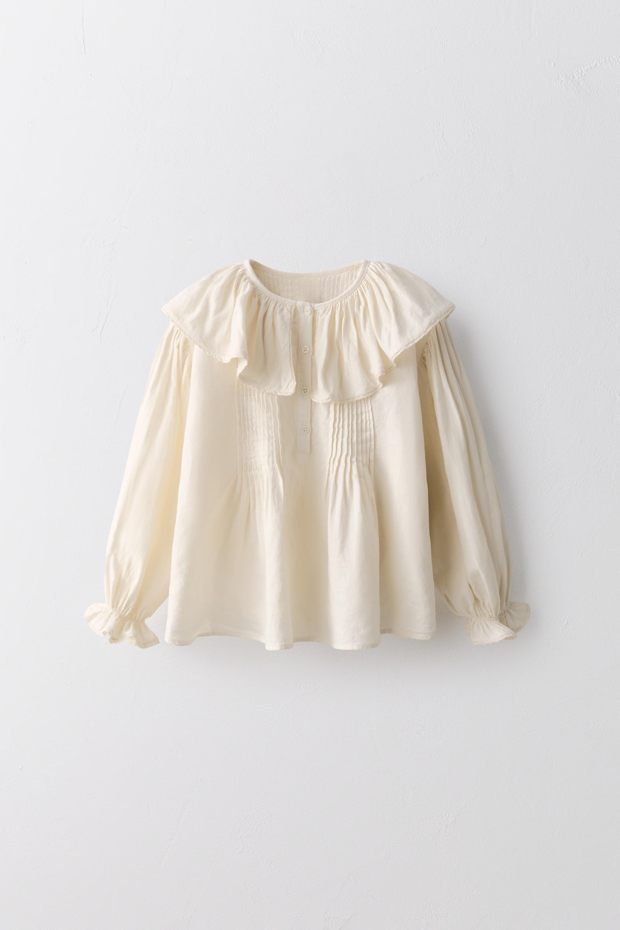 2-5 YEARS/ LIMITED EDITION LINEN COTTON BLOUSE WITH PLEATS AND LACE