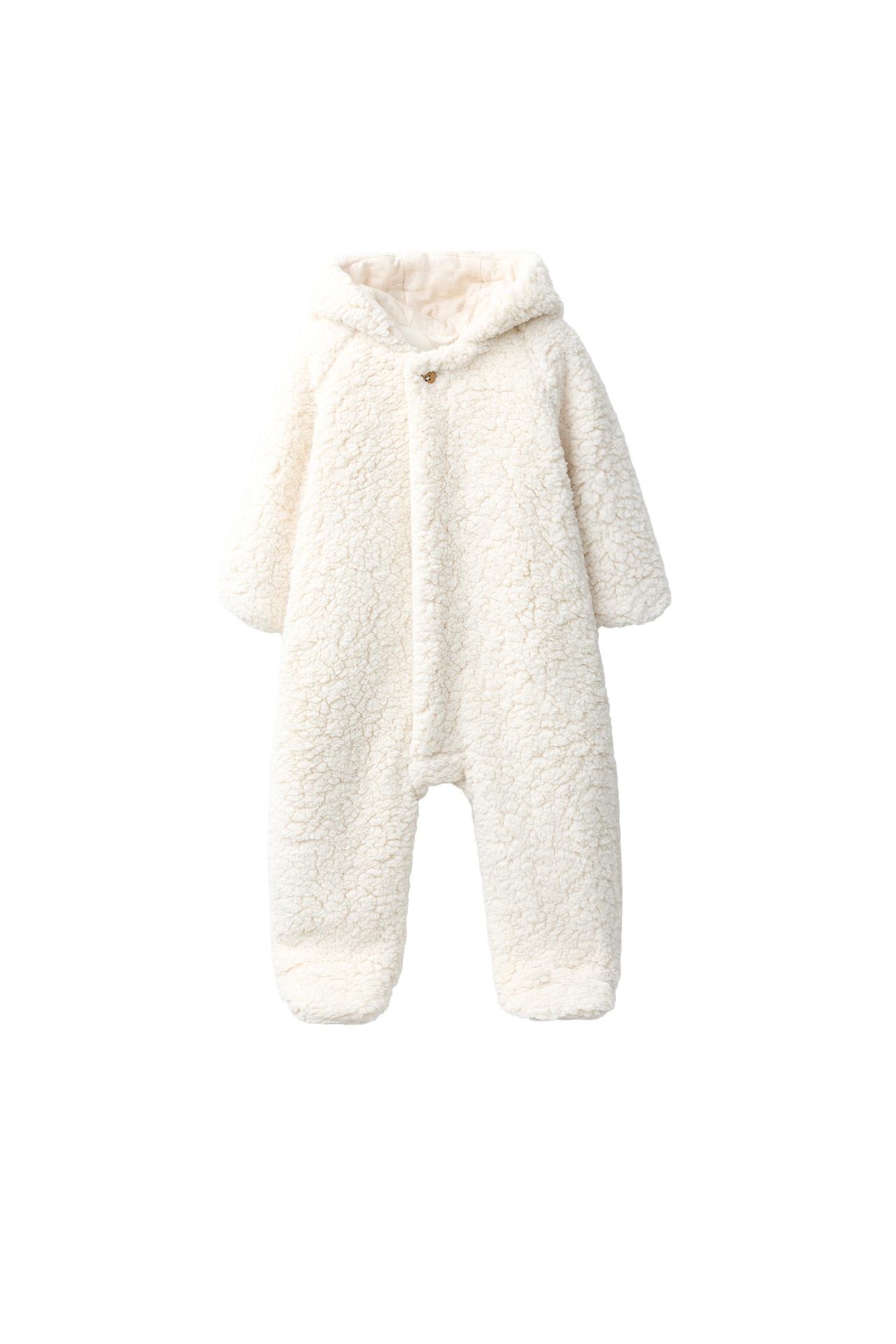 FAUX SHEARLING ONE-PIECE SUIT WITH HOOD AND EAR DETAIL