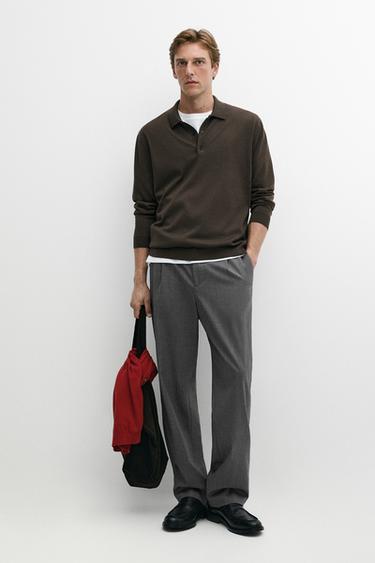 Pull polo en maille 100 % laine mérinos - Kaki foncé de Zara