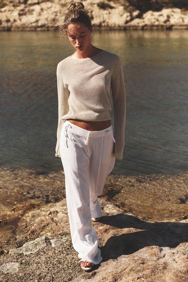 Zara WIDE LEG LINEN BUCKLE PANTS - White