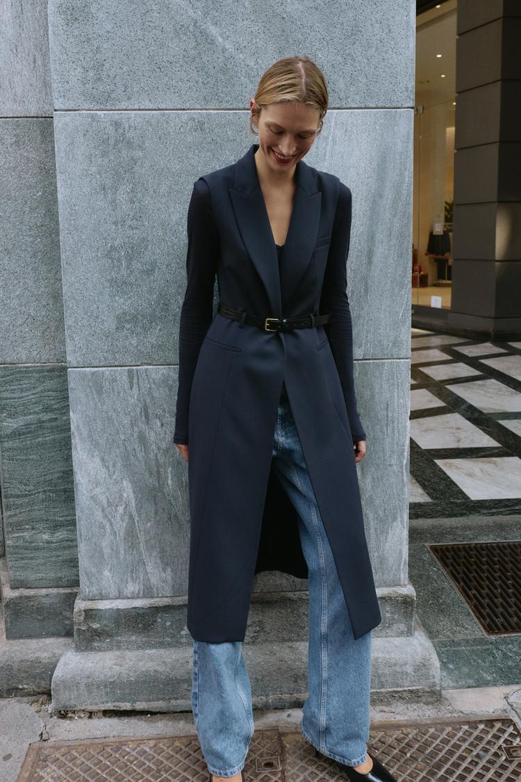 BELTED LONG VEST Navy blue ZARA United States - Main Image