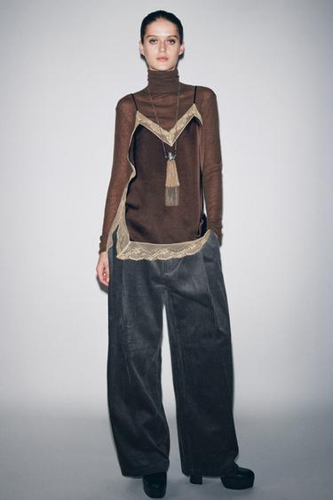 ZW COLLECTION SATIN TOP WITH LACE TRIM - Brown by Zara