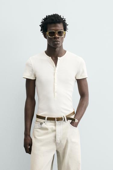 CAMISETA RIB CUELLO PANADERO - Blanco roto de Zara