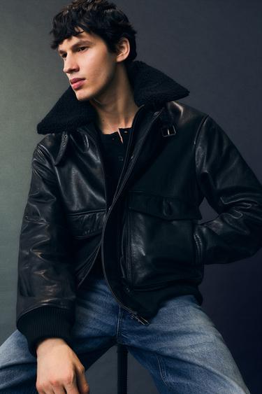 LEATHER JACKET WITH CONTRAST COLLAR - Black by Zara