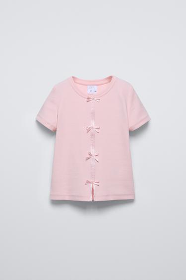RIBBED T-SHIRT WITH SATIN BOWS - Pink by Zara