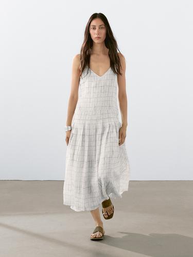Zara Flared check midi dress - Oyster-white