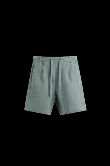100% LINEN REGULAR FIT BERMUDA SHORTS - Grey green by Zara - Image 0