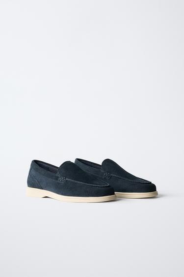 Zara SPLIT LEATHER DECK SHOES - Navy Blue